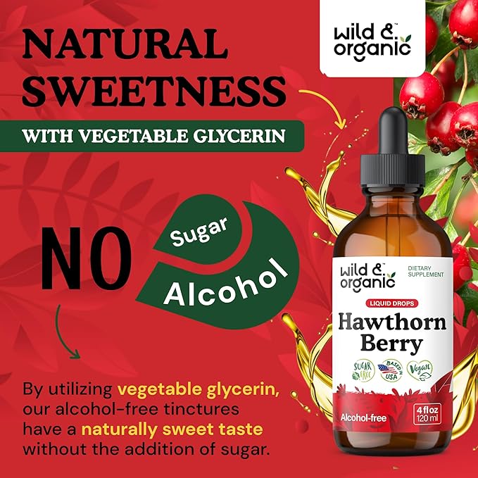 Wild &amp Organic Hawthorn Berry Tincture 600 mg - Liquid Hawthorne Berry Supplement for Overall Support - Vegan Sugar &amp Alcohol-Free Fruit Extract Drops - 4 fl oz