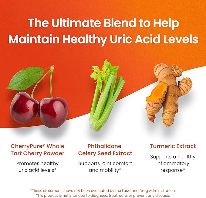 3 in 1 Uric Acid Flush Cleanse – Tart Cherry Extract with Turmeric &amp Celery Seed Supplement Purge - Feet and Joint Support - 60 Veggie Capsules