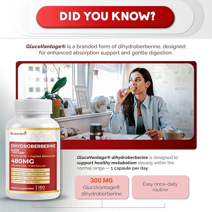 Dihydroberberine - Super Berberine - Patented GlucoVantage 810mg - 5X Absorption - with Resveratrol Cinnamon Grape Seed Extract- Support Metabolism Digestion