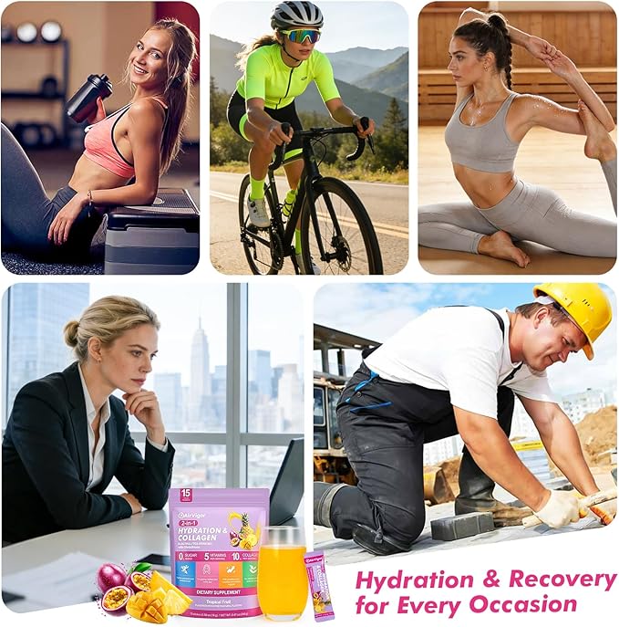 Electrolyte Collagen Powder Packets 10g Collagen Protein Drink Mix for Hydration Recovery Zero Sugar 2-in-1 Post Workout Rehydration Joint Skin Muscle Support 5 Vitamins Tropical Fruit