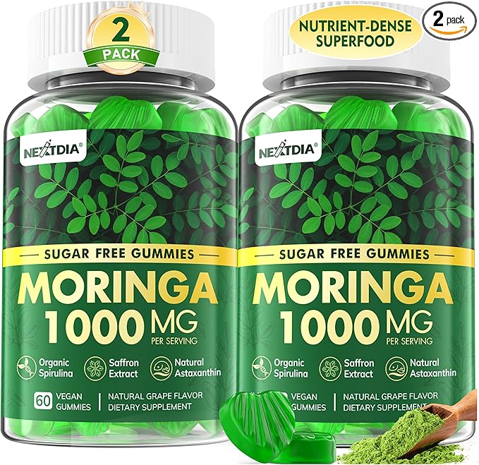 Moringa Gummies 1000mg + Spirulina Saffron Ashwagandha &amp Natural Astaxanthin 4 mg | Energy Mood Immune &amp Gut Health Green Superfood | Chewable Moringa Supplement for Women Men Sugar Free