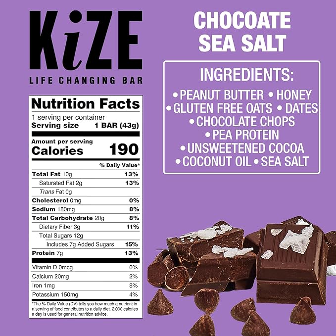 KiZE Energy Bars - Chocolate Sea Salt - Gluten Free Dairy Free Non-GMO and High Protein Meal Replacement Energy Bars Meal Bas Clean &amp Simple Food Ingredients - 7g High Protein Snacks (10 Cou
