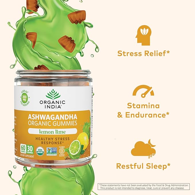 ORGANIC INDIA Ashwagandha Gummies for Men &amp Women - Stress Supplement KSM-66 Ashwagandha Root Extra Strength Calm Chews Vegan Non-GMO - Lemon Lime 60 Gummies