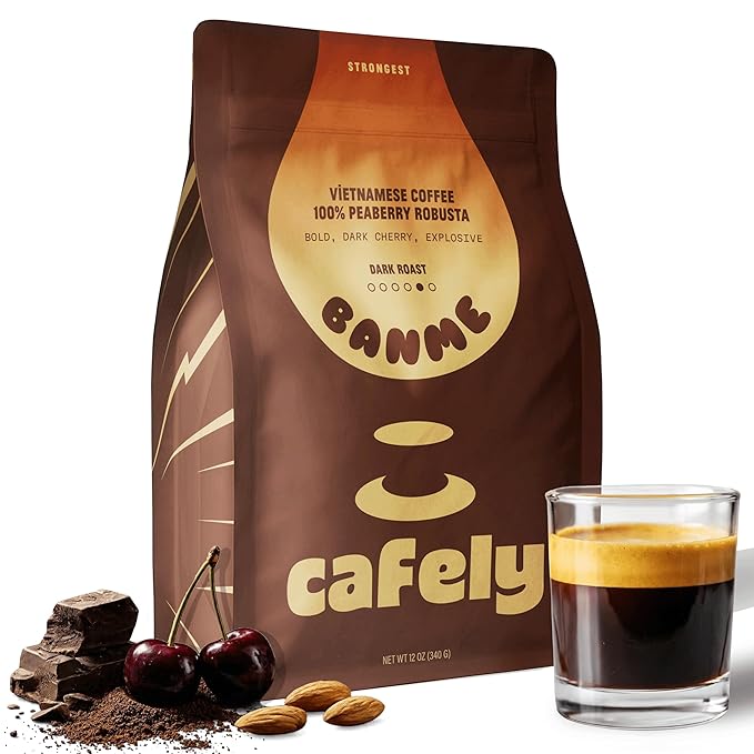 Cafely BanMe - Rare Peaberry Robusta Ground Vietnamese Coffee – Dark Roast High Caffeine (Rich &amp Intense) Full Body Low Acid Single Origin Direct Trade For Phin French Press Cold Brew 12