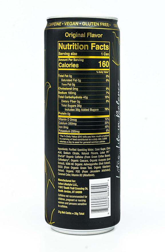 Gold Lotus Plant Power Drink™ | Pure Cane Sugar | 160 mg Natural Caffeine from Green Coffee Bean | Plant-Based Ingredients | 12 oz Cans | 12 Count