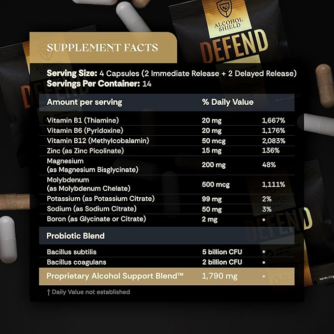 Defend Hangover Supplement | Pre-Drinking Formula with DHM + NAC | Feel Better After Drinking | Alcohol Recovery &amp Liver Support | Electrolytes B Vitamins &amp Probiotics | 14 Sachets