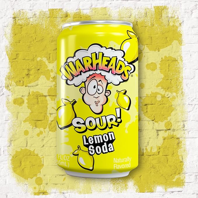 Sour Fruity Soda with Classic Warheads Flavors – Perfectly Balanced Sweet and Sour Soda - Warheads Candy Throwback Treat Soda Cocktail Mixer Pack of 12 12oz Cans (Lemon)