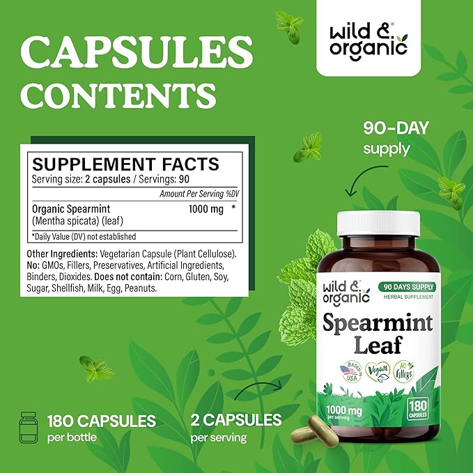 Wild &amp Organic Spearmint Capsules - 1000 mg Spearmint Leaves Supplement for Digestive Support - 90 Days of Supply - 180 Herbal Extract Capsules - Vegan Non-GMO Gluten-Free No Fillers