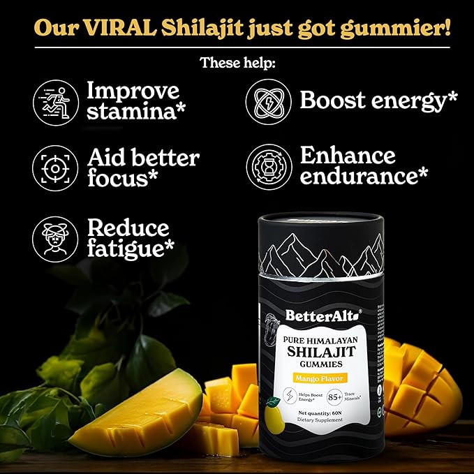 Better Alt Pure Himalayan Shilajit Gummies with Shilajit |High Potency Gold Grade| 60 Gummies for Energy Boost &amp Immune Support 75 Percent + Fulvic Acid| Travel Friendly Mango Flavor