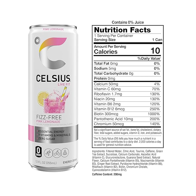 CELSIUS Fizz Free Pink Lemonade Sugar Free Energy Drink 12 Fl Oz (Pack of 12)