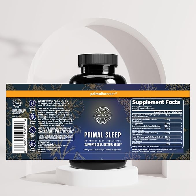 Primal Harvest Primal Sleep Support Supplement for Adults with Melatonin GABA Valerian Root L-Tryptophan Magnesium Bisglycinate Chelate and Chamomile for Deep Restful Sleep