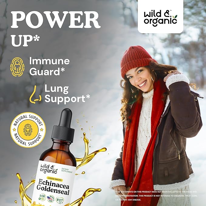 Wild &amp Organic Echinacea Goldenseal Liquid Drops - Immune Support Supplement w/Goldenseal Echinacea Root Extract - Vegan Sugar &amp Alcohol-Free Tincture - 2 fl oz