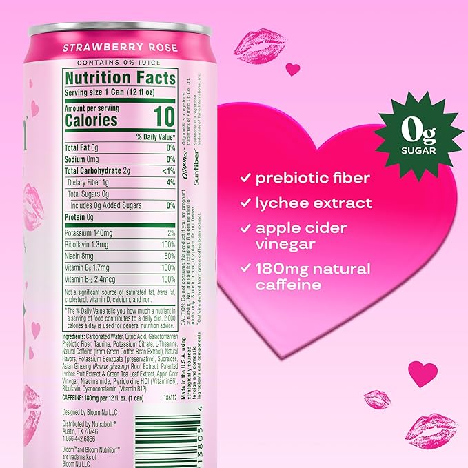 Bloom Nutrition Sparkling Energy Drink - Natural Caffeine Zero Sugar 180mg Caffeine - Antioxidant-Rich with Green Coffee Bean Green Tea Extract Prebiotics - Strawberry Rose - 12 oz (12 Pack)