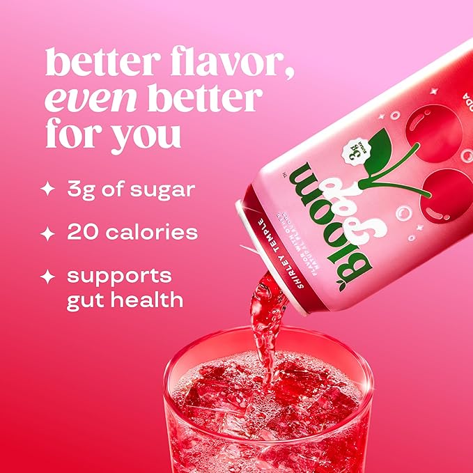 Bloom Pop Prebiotic Soda 12 Pack Shirley Temple Flavor 12oz Cans | Prebiotic Soda for Gut Health Low Calorie Soda No Caffeine Healthy Soft Drink Alternative