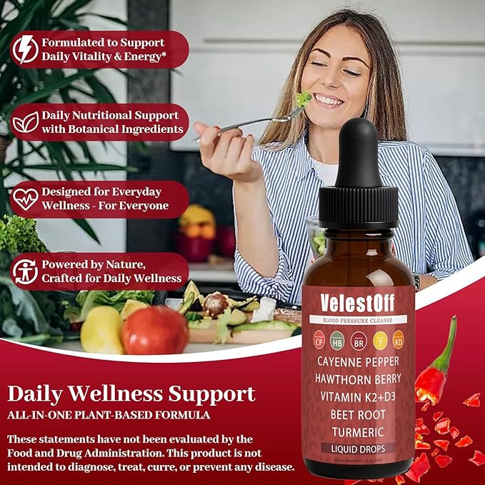 Velestoff Cayenne Pepper - Cayenne Pepper Drops Liquid Supplement with Organic Hawthorn Beet Root Turmeric Vitamin K2 D3