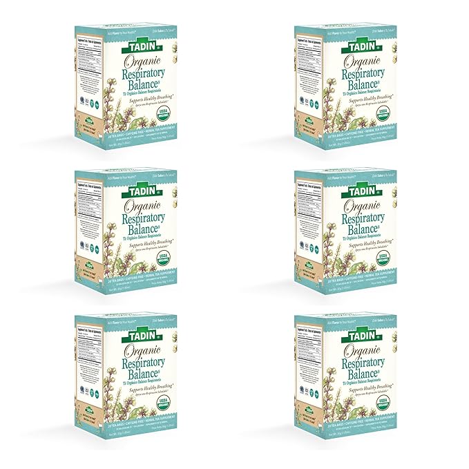 Tadin Organic Respiratory Tea Caffeine Free Herbal Tea for Respiratory Support 20 Tea Bags Per Box Pack of 6