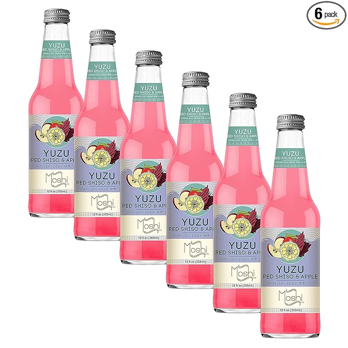 Moshi Yuzu Sparkling Drink Aromatic and Zesty Made with 100% Yuzu juice All-Natural Vegan Gluten-free No Artificial Preservatives/Coloring - 12 oz (6 Glass Bottles) - Red Shiso &amp Apple