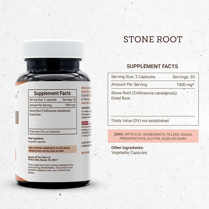 Secrets of the Tribe Stone Root 60 Capsules 1000 mg Responsibly farmed Stone Root (Collinsonia Canadensis) Dried Root (60 Capsules)