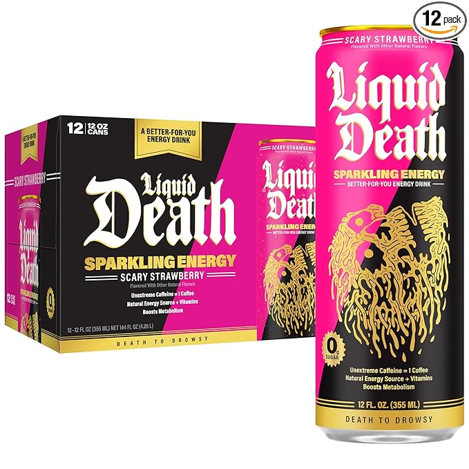 Liquid Death Sparkling Energy - Scary Strawberry Zero Sugar Energy Drink Unextreme Caffeine 100mg Essential Vitamins 12 Fl Oz (Pack of 12)