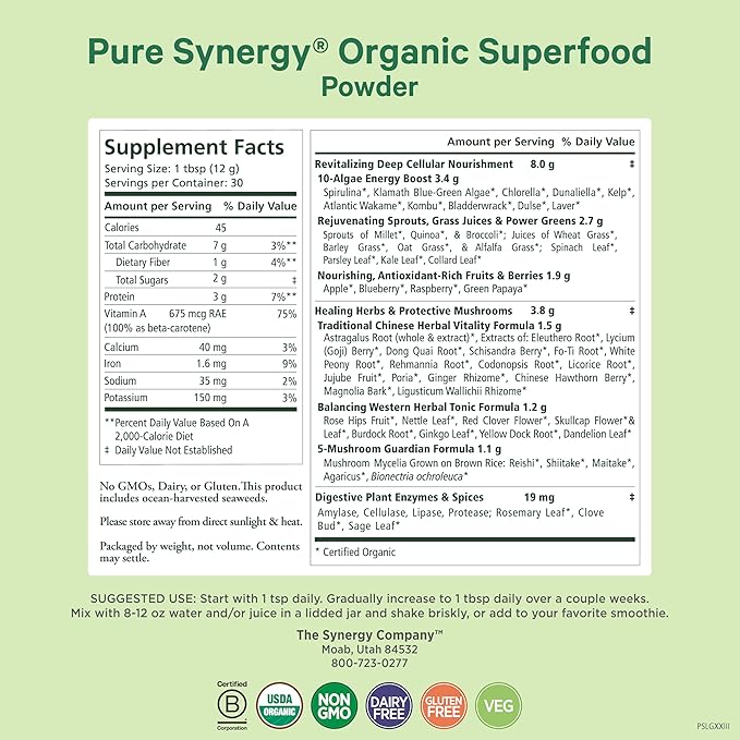 PURE SYNERGY Organic Superfood Powder | Green Superfood Powder | Whole Food Supplement with Organic Greens Spirulina and Mushrooms | for Energy Healthy Aging and Immune Health (12.5 oz)