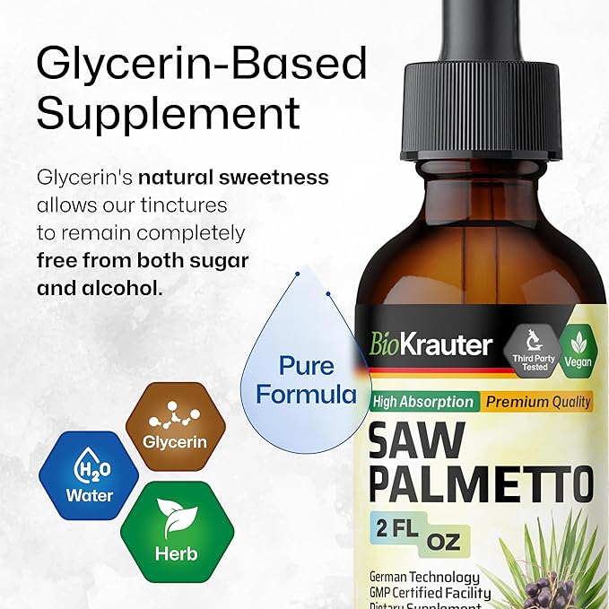 BIO KRAUTER® Saw Palmetto for Men &amp Women - Pure Vegan Liquid Drops Saw Palmetto 670 mg per Serving 2 Fl.Oz 28-Day Supply - Prostate Health Supplements for Men &amp DHT Blocker* - Alcohol &amp S