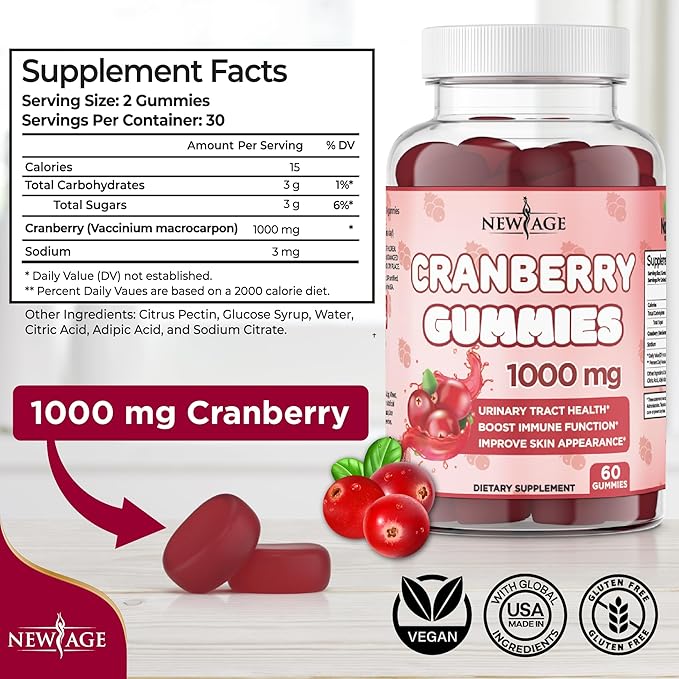 NEW AGE Cranberry Gummies Urinary Tract Health Gummies 1000mg - Supports Bladder Kidney UTI - Vegetarian (Cranberry 180 Gummies)
