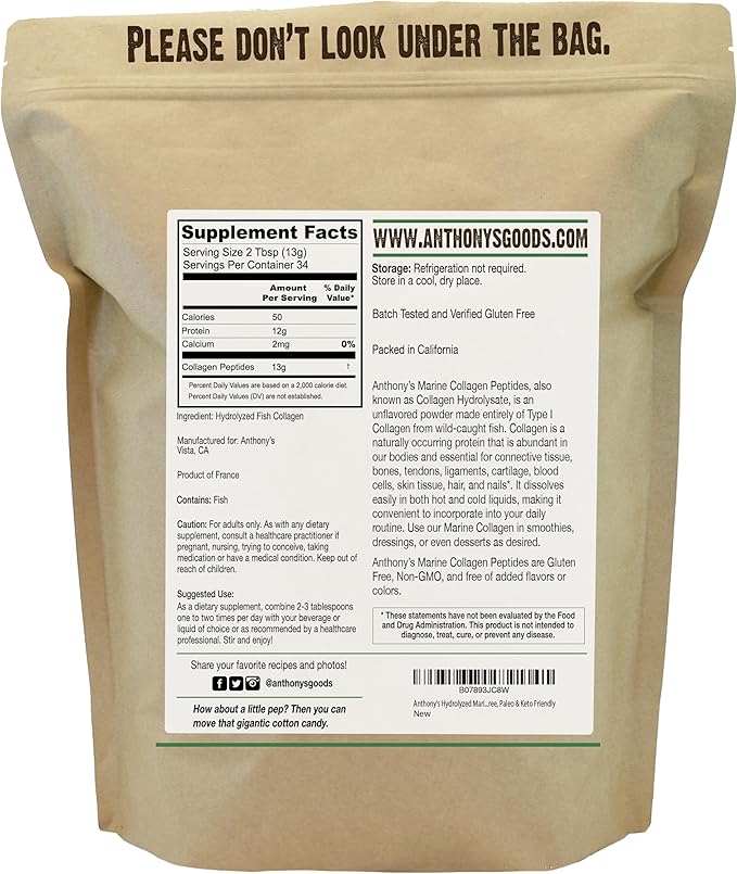 Anthony's Hydrolyzed Marine Collagen Peptides Gluten-Free Paleo and Keto Friendly Unflavored 1-Pound (Pack of 2)