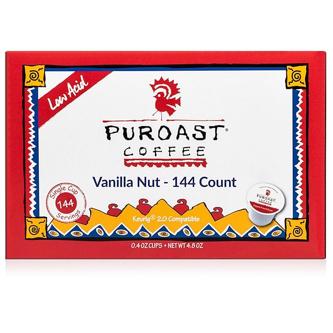 Puroast Low Acid Coffee| Vanilla Nut Single Serve Pods | Medium Roast | High Antioxidants &amp High pH |No Bitter Aftertaste | Reduced Heartburn &amp GERD Friendly | 144 Count - Compatible with Keur