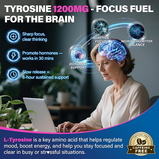L Tyrosine Gummies 1200mg L-Tyrosine L Theanine Gummies Supplement for Adults with Magnesium Glycinate GABA Vitamin B6 D3 &amp C for Calm &amp Focus -- Brain Supptements for Memory Mood &amp R