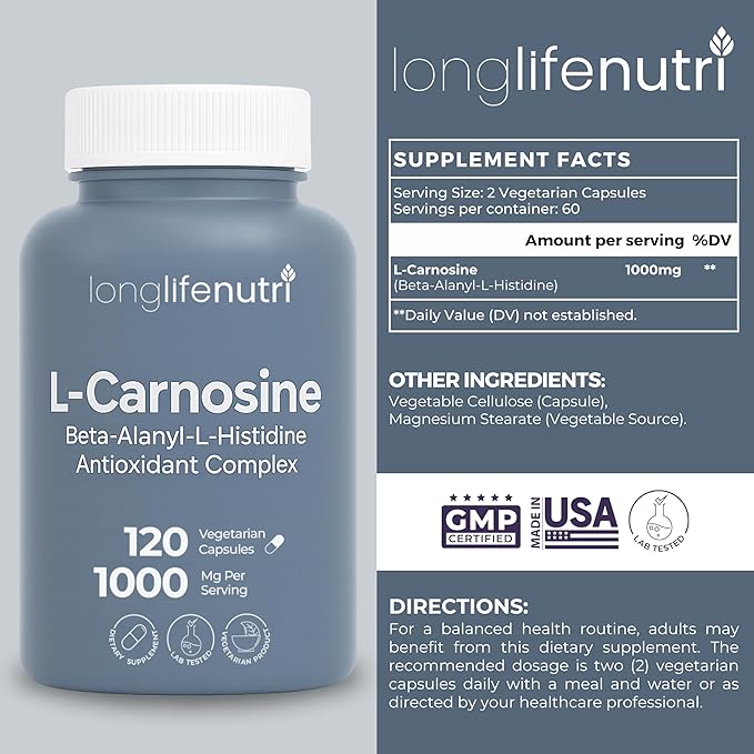LongLifeNutri L-Carnosine 1000mg - Beta-Alanyl-L-Histidine Supplement for Cellular Energy &amp Brain Clarity 120 Vegetarian Capsules 2-Month Supply GMP Certified Made in USA