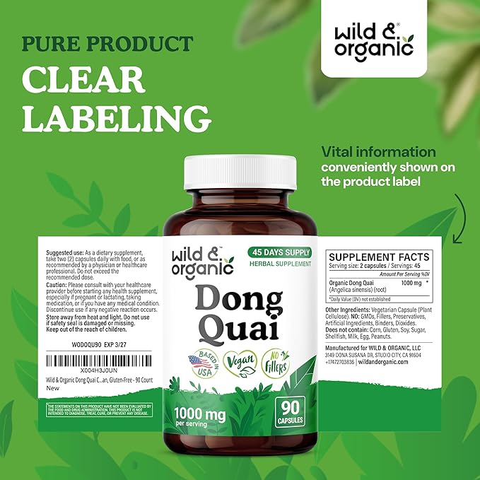Wild &amp Organic Dong Quai Capsules 1000 mg - Menopause Supplements for Women - Dong Quai Supplement for Women - 45-Day Supply - Traditional Angelica Sinensis - Non-GMO Vegan Gluten-Free - 90 Coun