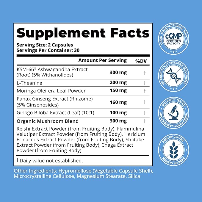 KSM-66 Ashwagandha Supplements | Ashwagandha Root Extract for Women &amp Men | 10-in-1 Adaptogen Complex for Cortisol Support Stress Energy &amp Immune Support | 60 Vegan Capsules