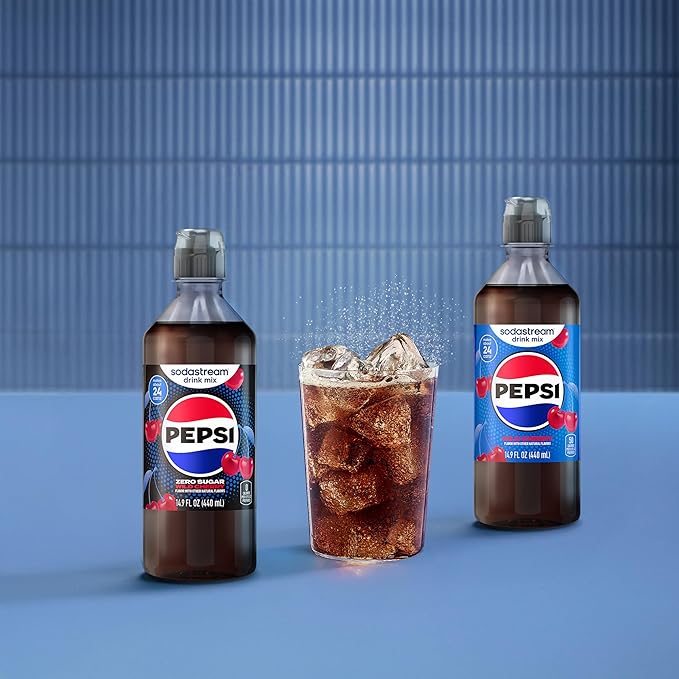 SodaStream Pepsi Wild Cherry Zero Sugar New Pour Bottles Drink Mix (440ml Pack of 4)