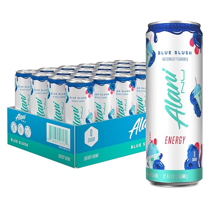 Alani Nu BLUE SLUSH Ice Sugar Free Low Calorie Energy Drinks | 200mg Caffeine | Antioxidants | Biotin B Vitamins | Zero Sugar | 15 Calories or Less | 12 Oz Cans | 24 Count