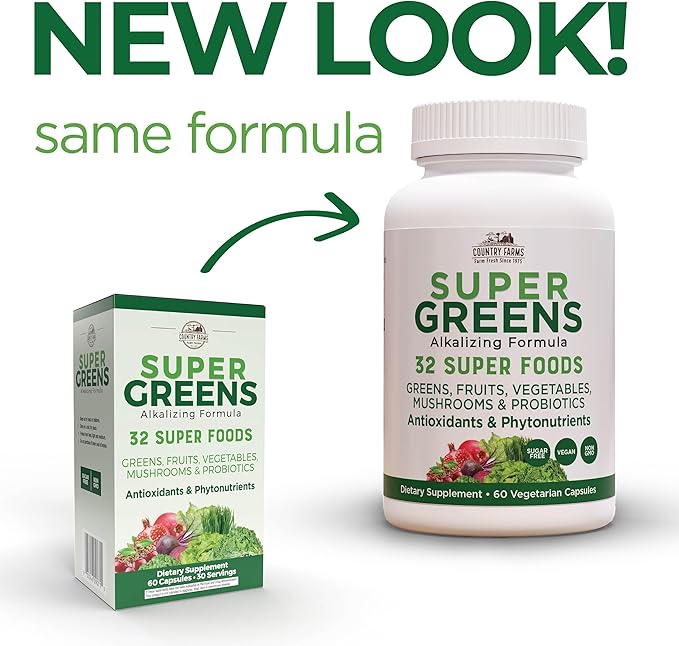 COUNTRY FARMS Super Greens Vegicaps 32 Super Foods Whole Food Supplement Greens Fruit Vegetables Mushrooms &amp Probiotics Rich in Antioxidants &amp Phytonutrients 120 Count 60 Servings