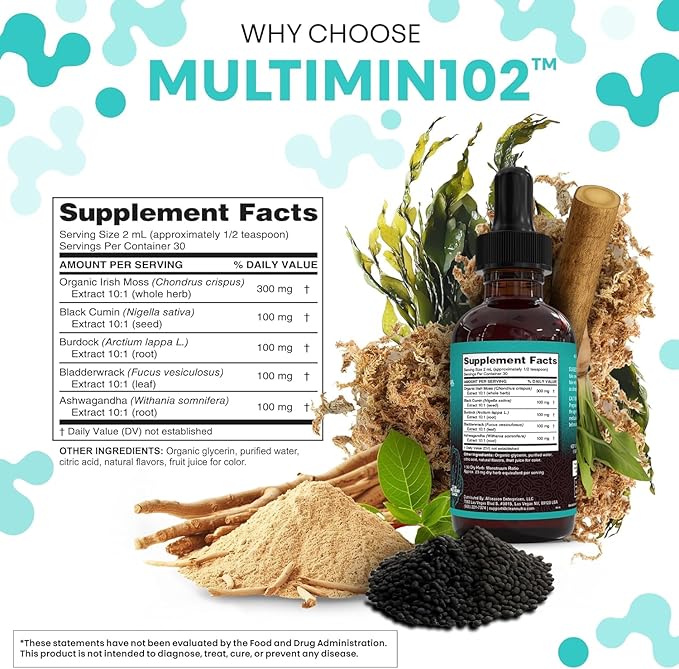 Clean Nutraceuticals Sea Moss Drops Supplement Liquid with Black Seed Oil Ashwagandha Burdock Root &amp Bladderwrack - Multimineral Organic Non-GMO Vegan for Gut Heath Skin Immune Support Hair (2 Pac