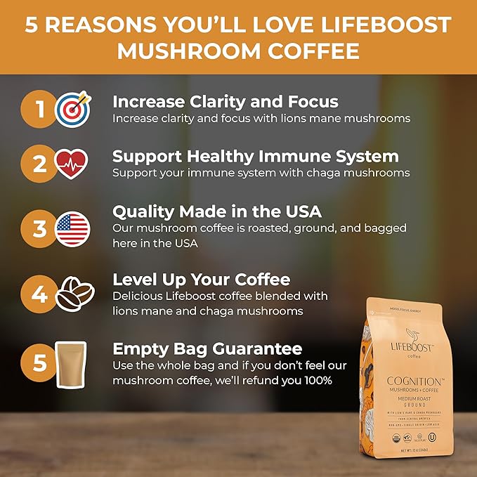 Lifeboost Cognition Adaptogenic Mushroom Coffee - Great Tasting Organic Lions Mane &amp Chaga Medium Roast Nootropic Coffee - Increase Energy Boost Focus &amp Immune Support - 12 oz Bag - Ground