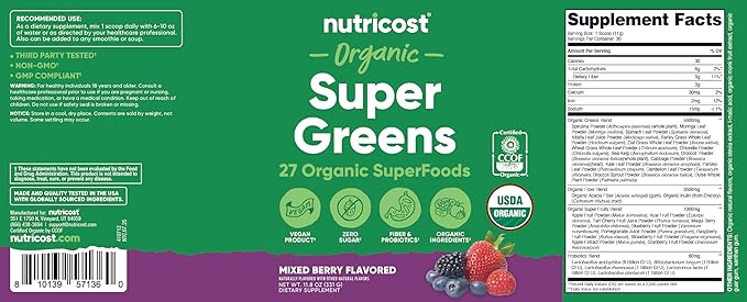 Nutricost Organic Super Greens Powder (30 Servings) Mixed Berry Flavor - Superfood Supplement Drink Mix