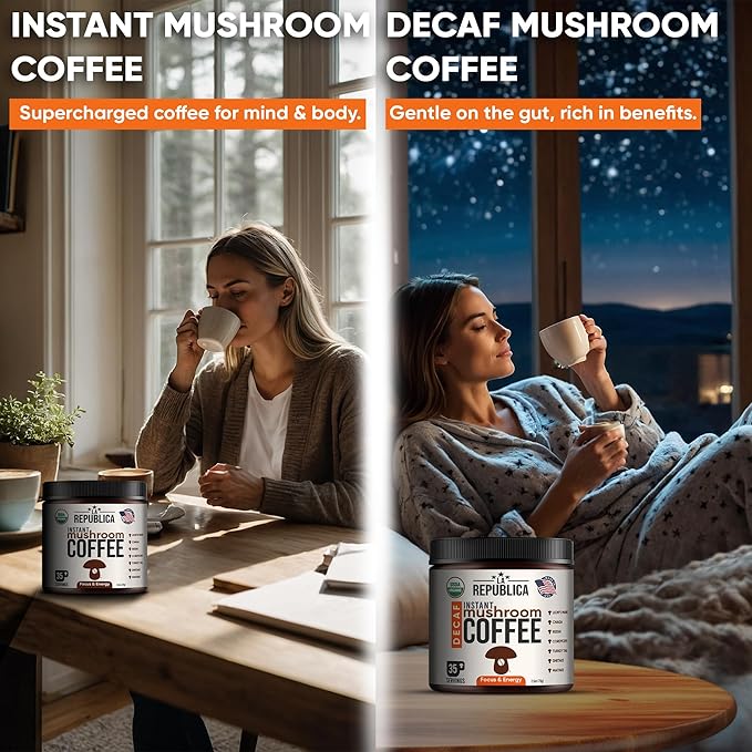 La Republica Organic Instant Mushroom Coffee (2.5oz) + Decaf (2.5oz) - 70 Servings with Coasters &amp Mixing Spoon - 100% Arabica with Lion's Mane Reishi Chaga Cordyceps Shiitake Maitake Turkey