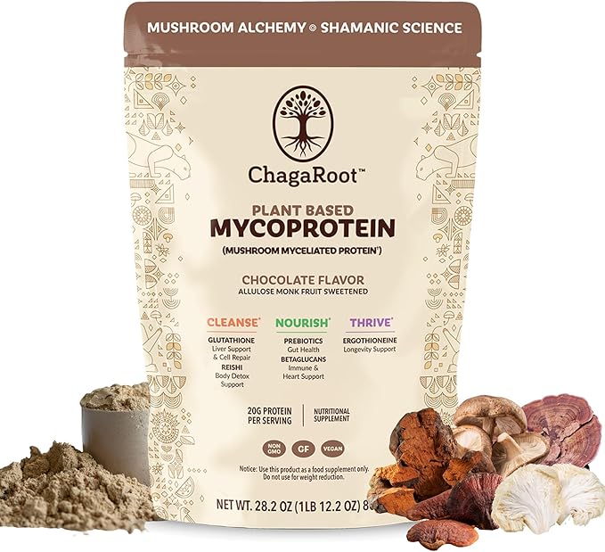 Mycoprotein Mushroom Protein Powder Chocolate Flavor 20g Plant Based Protein per Serving Reishi Chaga Lions Mane Shiitake Turkey Tail Vegan Gluten Free Coffee Smoothies 1.76 lb