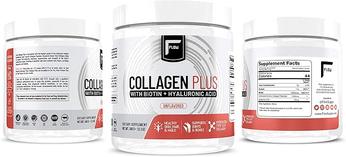 Flow Supplements Collagen Peptides Protein Powder Collagen Supplements with Hyaluronic Acid + Biotin Hydrolyzed Collagen Peptides Multi Collagen Powder Type I and III - 348 Gram (Pack of 1)