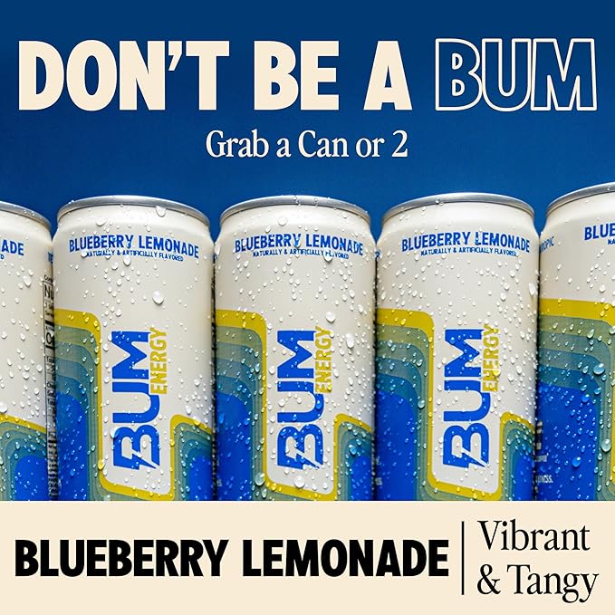 BUM Sugar-Free Energy Drink Blueberry Lemonade - Lightly Carbonated &amp No Artificial Colors Natural Caffeine &amp Citicoline for Energy &amp Focus Brain Boost &amp Workout Sports Beverage - 1