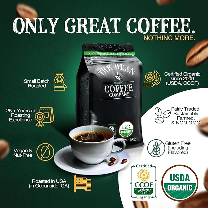 The Bean Organic Coffee Company Chocolate Macadamia Nut Medium Roast Ground Coffee 16-Ounce Bag Café molido tostado orgánico