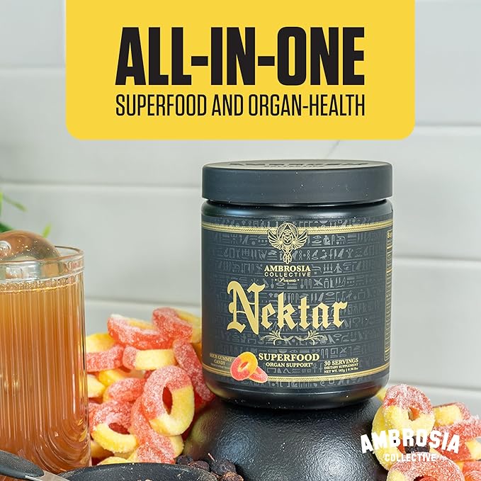 Ambrosia Nektar Superfood Powder | Cycle Support Supplement | Greens Powder Alternative | 13 Superfoods for Liver Kidney and Organ Support | 30 Servings | Sour Gummy Candy