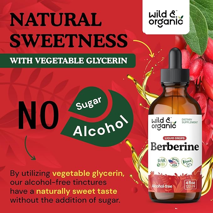 Wild &amp Organic Berberine Drops 500mg - Liquid Berberine Supplement HCL for Overall Support - Pure Extract Tincture - Vegan Alcohol &amp Sugar-Free - 4 fl oz