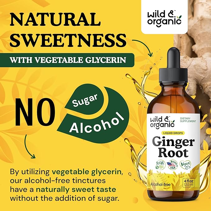 Wild &amp Organic Ginger Root Extract Drops - Immune &amp Digestive Support - Liquid Ginger Supplements - Vegan Sugar &amp Alcohol-Free Tincture - 4 fl oz