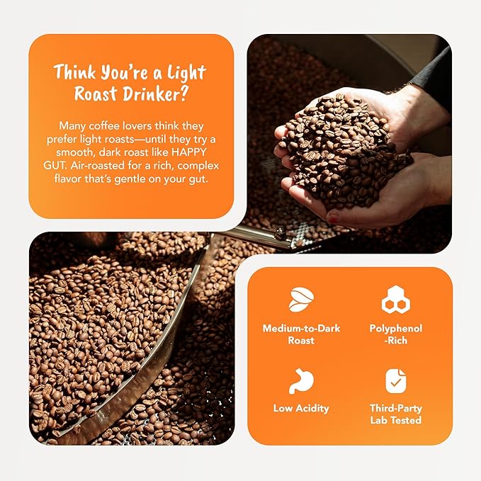 Happy Gut Coffee - Doctor-Formulated Organic Medium-to-Dark Roast Coffee - Gut-Friendly - Gentle on Stomach - Rich Flavor Gluten-Free No Bitterness - 12oz - SMOOTH - Whole Bean