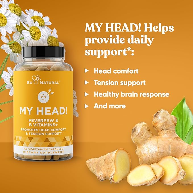 My Head! Headache Vitamins – Sensitivity Tension Comfort Healthy Head Function for A Clear Mind – Fast acting Magnesium Feverfew Boswellia Vitamin D Ginger &amp More – 60 Soft Capsules