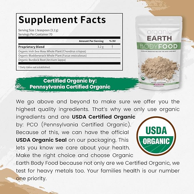 Organic Earth Irish Sea Moss Powder 8oz - Wildcrafted Sea Moss Organic with Bladderwrack &amp Burdock Root Powder - Thyroid Digestion Support &amp Healthy Skin - USDA Certified Organic