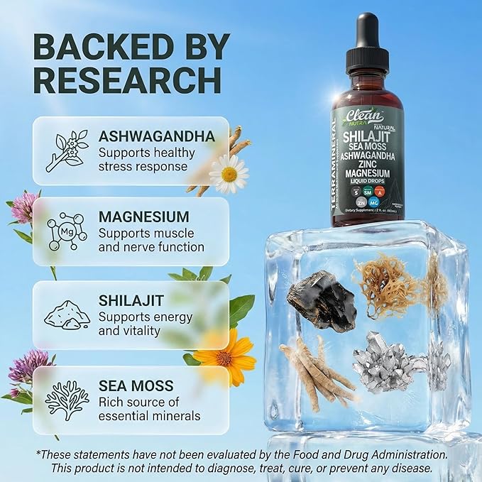 Clean Nutraceuticals Shilajit Liquid Drops with Sea Moss Ashwagandha Zinc Magnesium Liquid Vitamins for Women and Men - Terra Mineral